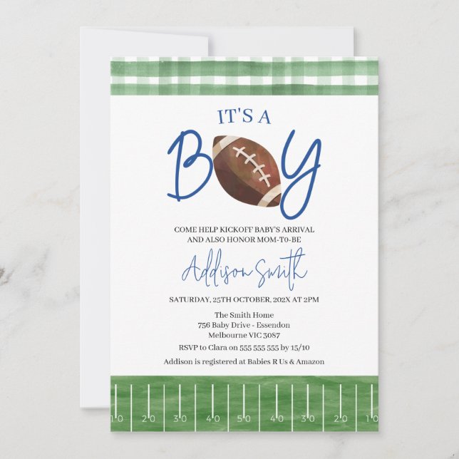 Green Plaid Boys Football Baby Shower Invitation (Front)