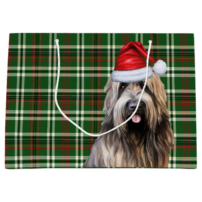 Green Plaid Briard Shepherd Dog Lover Holiday Large Gift Bag (Front)