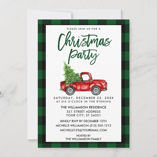 Green Plaid Brush Script Truck Christmas Party Invitation (Front)