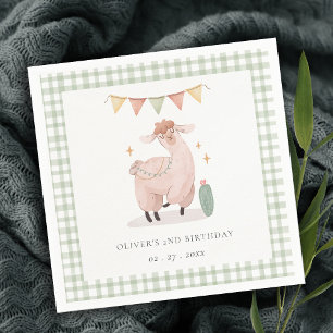 Green Plaid Cactus Boho Llama Any Age Birthday Napkin