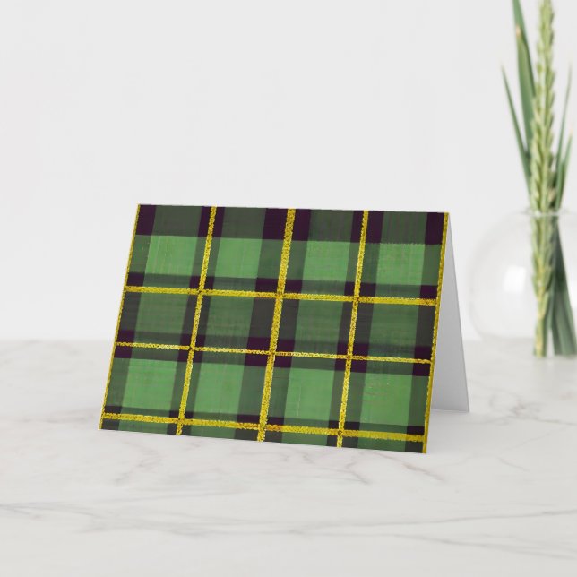 Green Plaid Chequered Tartan Folded Note Card (Front)