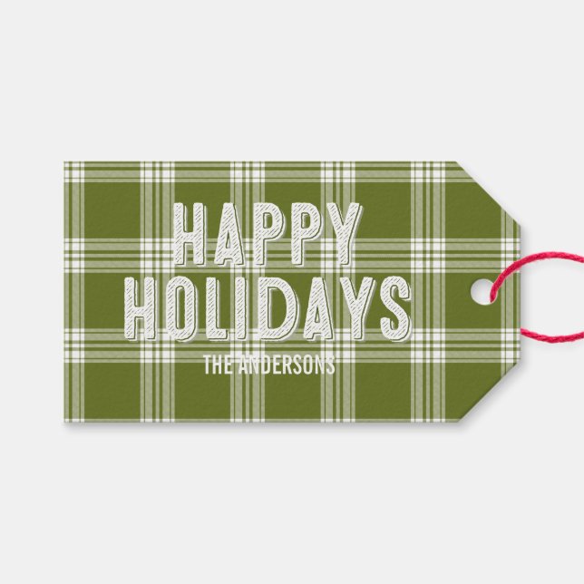 Green Plaid Christmas Happy Holidays Gift Tag (Front (Horizontal))