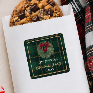 Green Plaid Christmas Party Favour Sticker