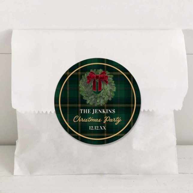 Green Plaid Christmas Party Favour Sticker (Green Plaid and Wreath Christmas Favor Sticker)