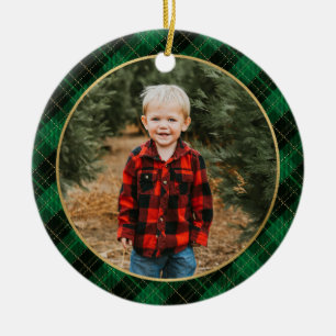 Green Plaid Christmas Script Photo Ornament