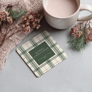 Green Plaid Christmas Square Paper Coaster