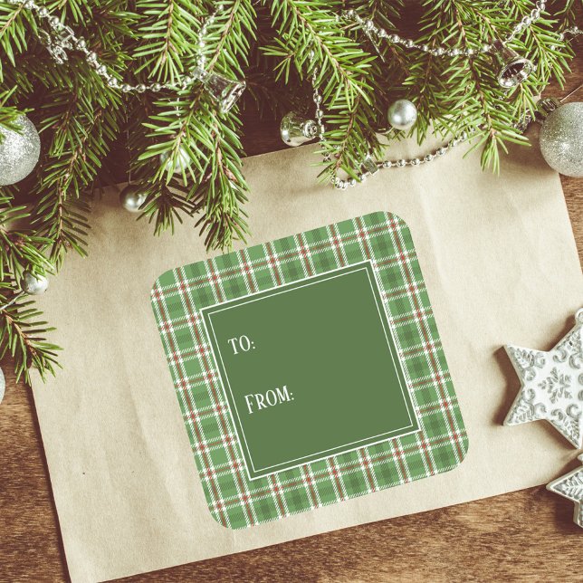 Green Plaid Classic Christmas Gift Tag (Christmas holiday square sticker with green and red plaid pattern. )