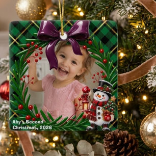 Green Plaid Custom Photo Christmas Milestone Ceramic Ornament