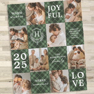 Green Plaid Family Monogram 8 Photo Christmas Fleece Blanket