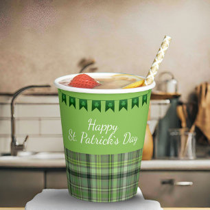 Green Plaid Flags Happy St Patrick`s Day Paper Cups