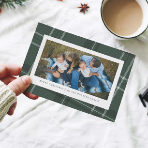 Green plaid frame one photo holiday card