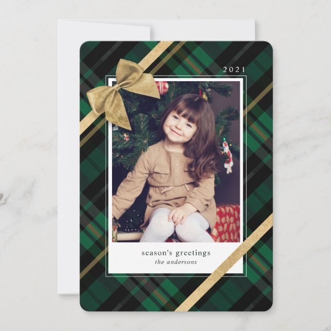 Green Plaid Gift Wrapped & Gold Bow Present Photo Holiday Card (Front)