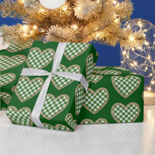 Green Plaid Gold Glitter Heart Holiday Wrapping Paper