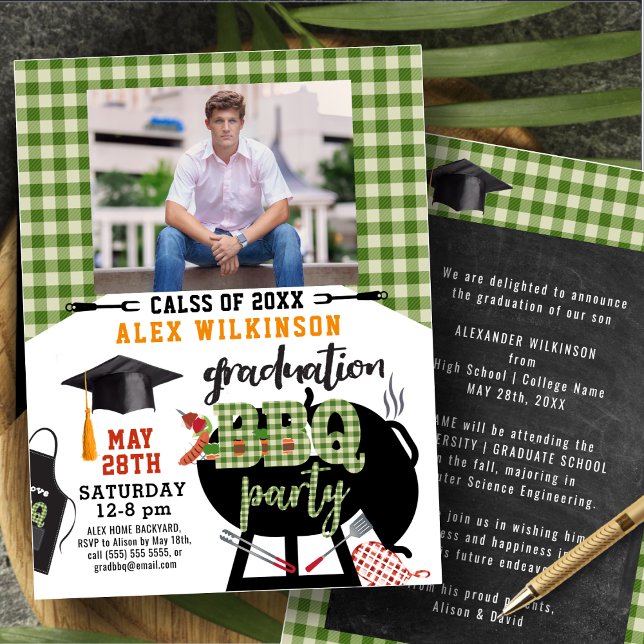 Green Plaid Graduation BBQ Party Photo Invitation (Creator Uploaded)