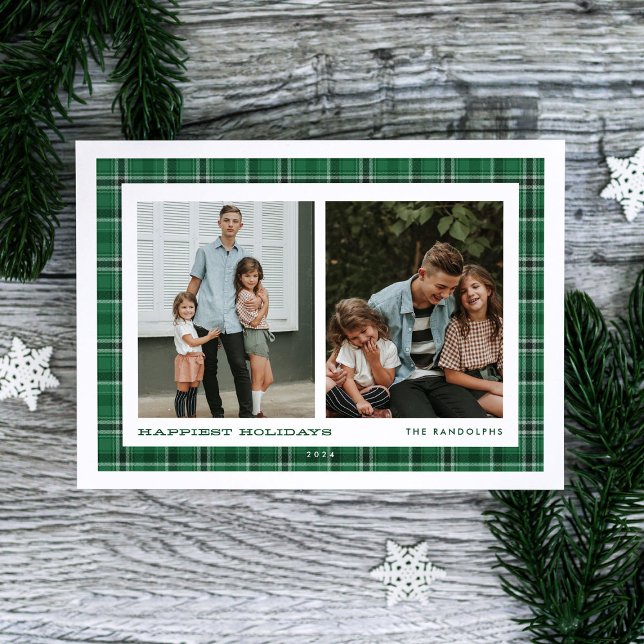 Green Plaid Happiest Holidays Double Photo Holiday Card (Creator Uploaded)
