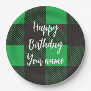 Green Plaid Happy Birthday Paper Plate