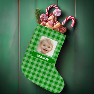 Green Plaid Kid Photo & Name Gingham Rustic Checks Small Christmas Stocking