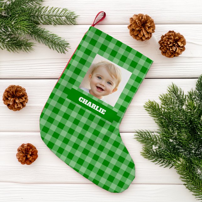 Green Plaid Kid Photo & Name Gingham Rustic Checks Small Christmas Stocking (Creator Uploaded)