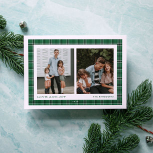 Green Plaid Love and Joy Double Photo Holiday Card