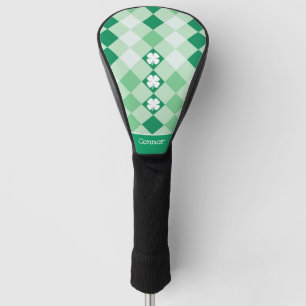 Green Plaid Lucky Clovers Shamrock with Name Golf Head Cover