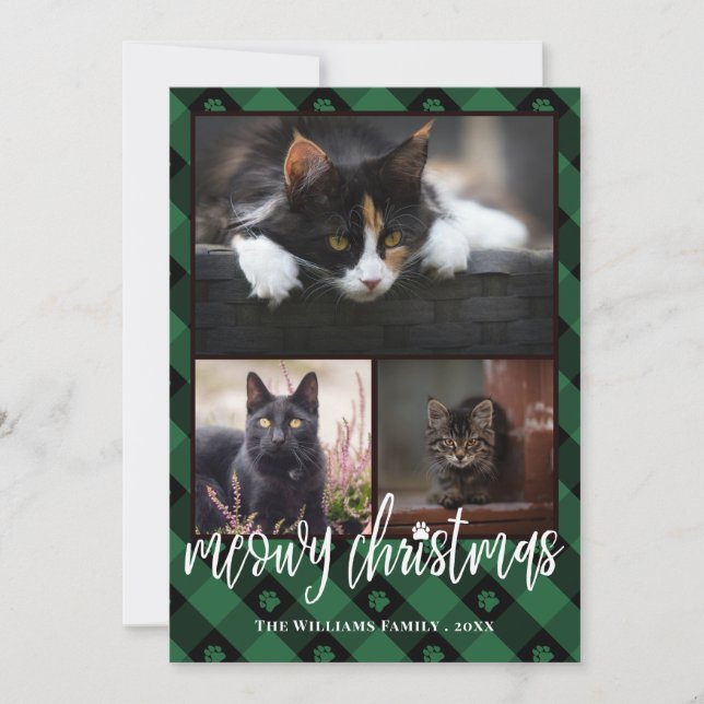 Green Plaid Meowy Christmas Photo Collage Holiday Card (Front)