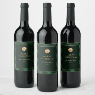 Green Plaid Merry Christmas Festive Wine Label