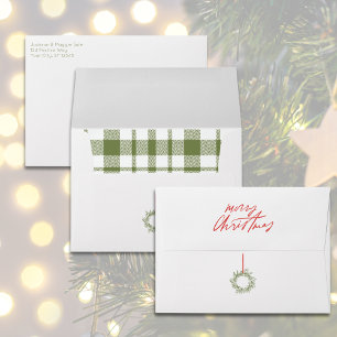 Green Plaid Merry Christmas Hand Drawn Wreath Envelope