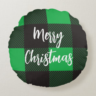 Green plaid Merry Christmas Round Cushion