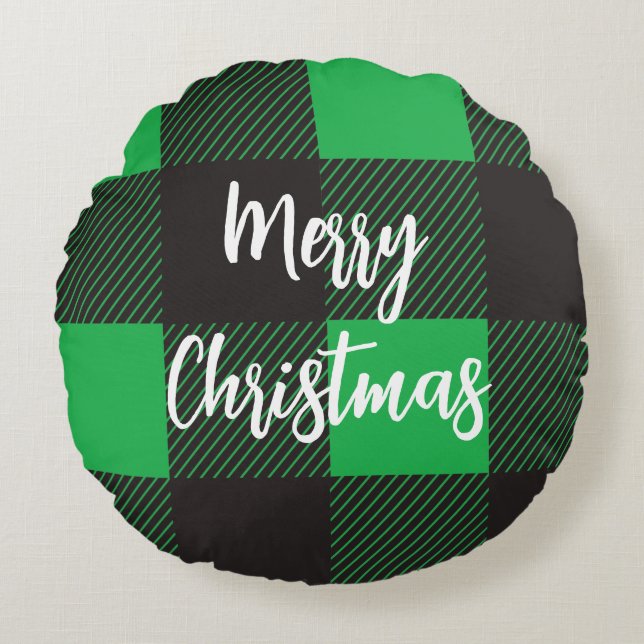 Green plaid Merry Christmas Round Cushion (Front)