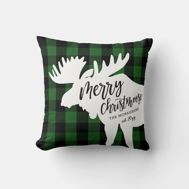 Green Plaid Merry Christmoose Personalised Cushion (Front)