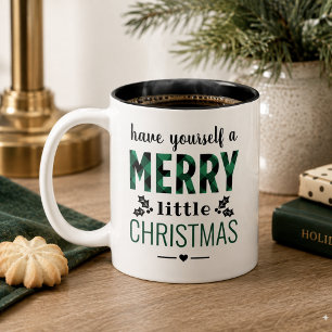 Green Plaid Merry Little Christmas Two-Tone Coffee Mug