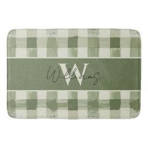 Green Plaid Monogram Family Name Bathroom Bath Mat