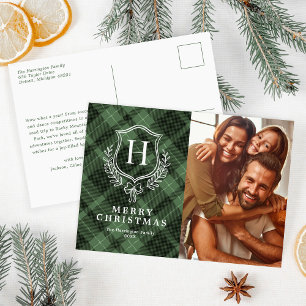 Green Plaid Monogram Photo Christmas Holiday Postcard