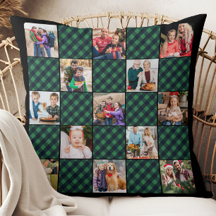 Green Plaid Patchwork Personalised Photo Collage Cushion