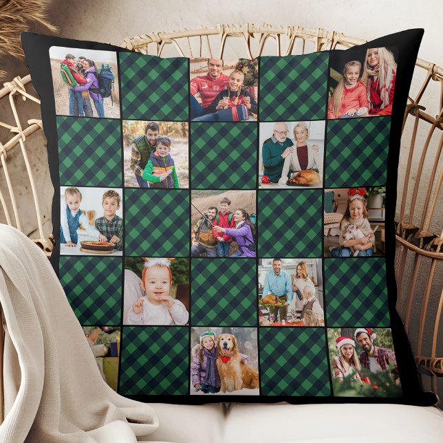 Green Plaid Patchwork Personalised Photo Collage  Cushion (Creator Uploaded)