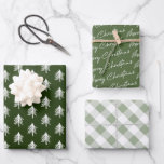 Green Plaid Pattern Christmas Wrapping Paper Sheet<br><div class="desc">Modern christmas wrapping paper featuring a forest green with xmas trees,  festive green with the seasons greetings "merry christmas",  and a white & sage plaid pattern sheet.</div>