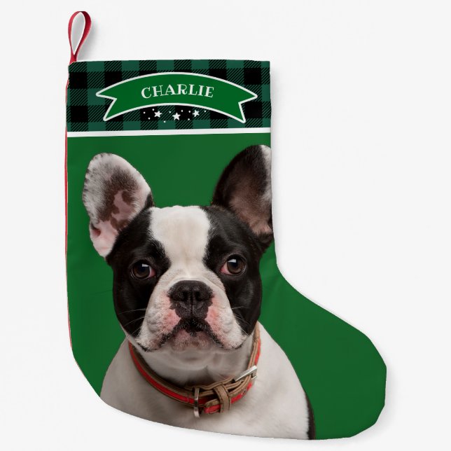 Green Plaid Pattern Custom Photo Pet Dog Small Christmas Stocking (Front)