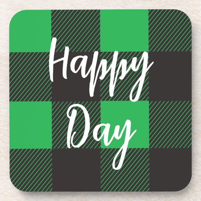 Green Plaid Pattern Happy Day Coaster (Front)