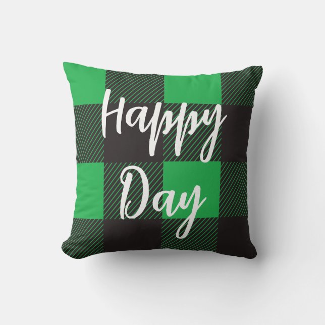 Green Plaid Pattern Happy Day Cushion (Front)