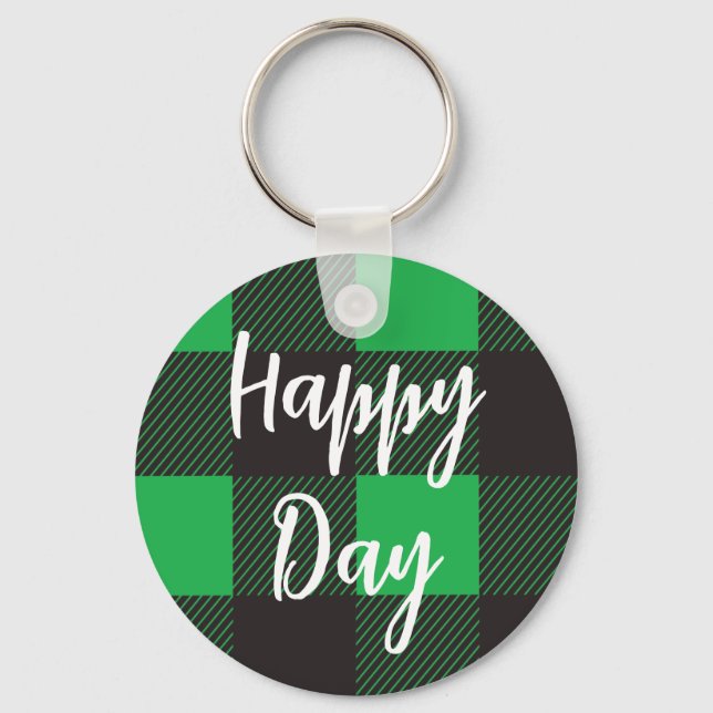 Green Plaid Pattern Happy Day Key Ring (Front)