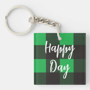 Green Plaid Pattern Happy Day Key Ring