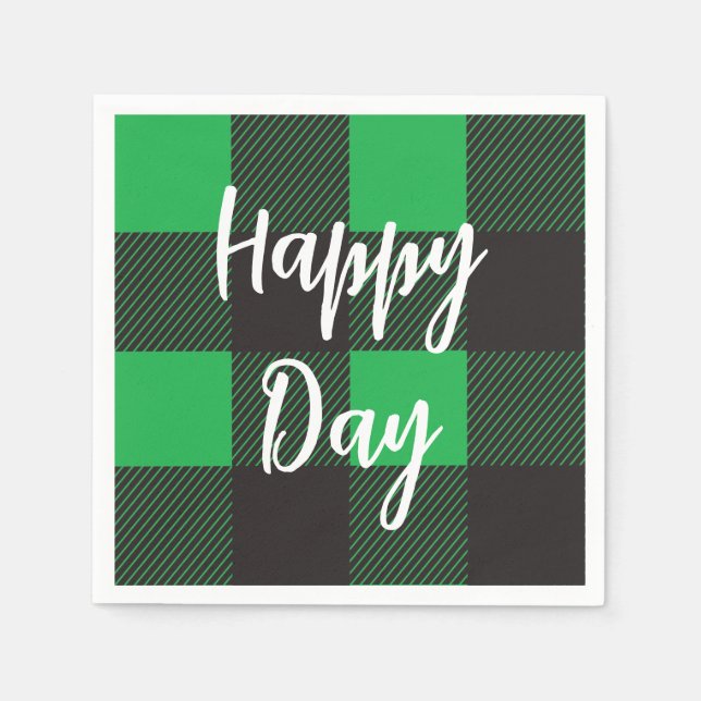 Green Plaid Pattern Happy Day Napkin (Front)