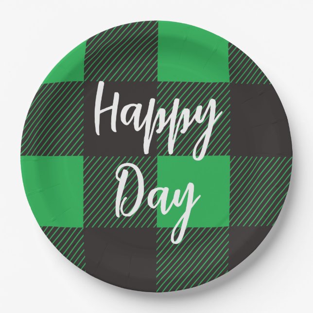 Green Plaid Pattern Happy Day Paper Plate (Front)