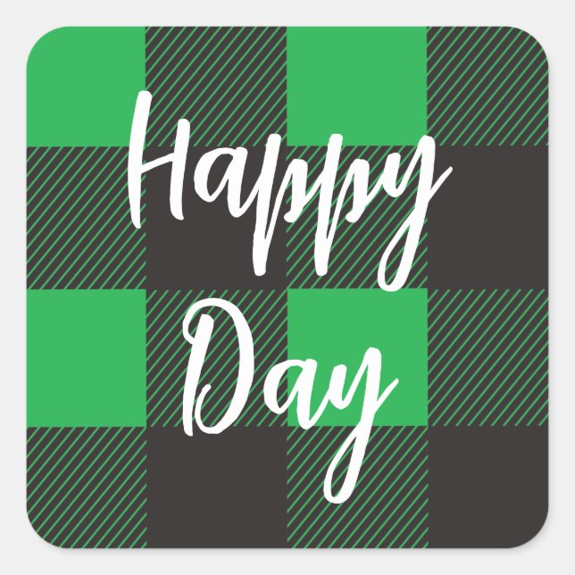 Green Plaid Pattern Happy Day Square Sticker (Front)