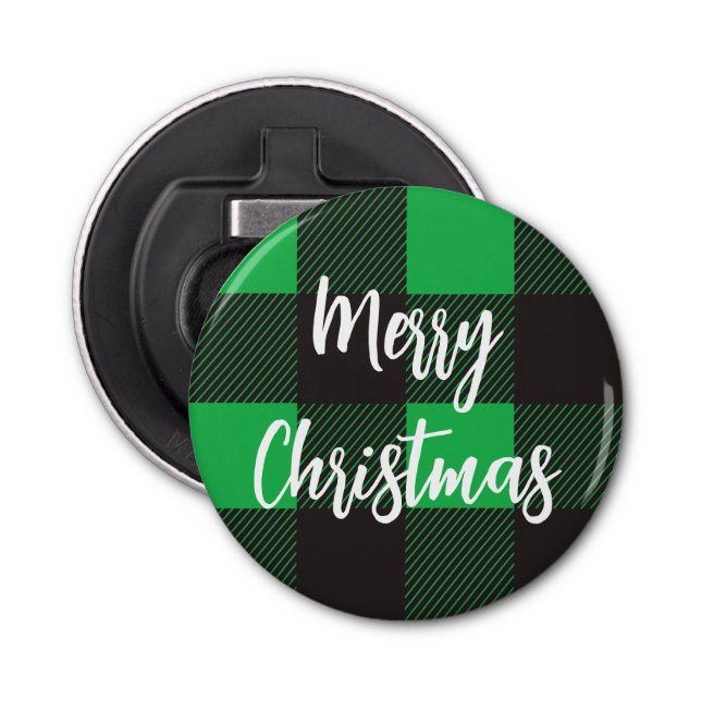 Green Plaid Pattern Merry Christmas Bottle Opener (Front)