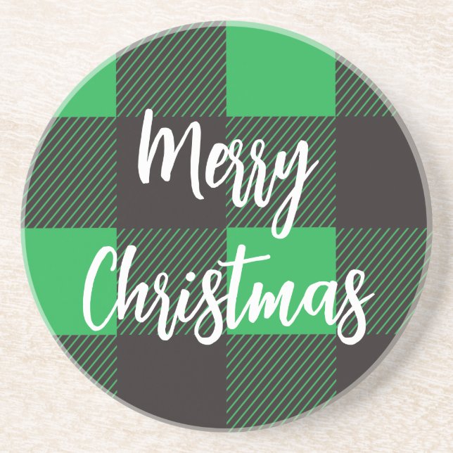 Green Plaid Pattern Merry Christmas Coaster (Front)