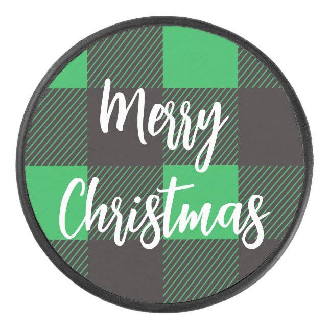 Green Plaid Pattern Merry Christmas Hockey Puck (Front)