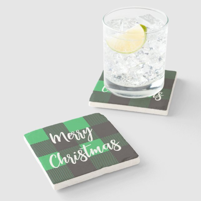 Green Plaid Pattern Merry Christmas Stone Coaster (Side)