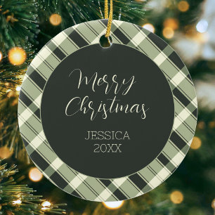Green Plaid Pattern Modern Script Merry Christmas Ceramic Tree Decoration