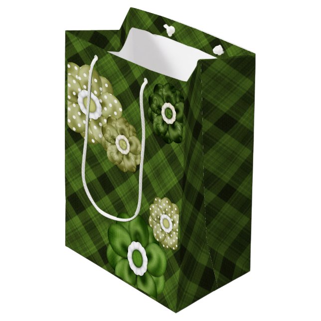GREEN PLAID PATTERN WITH GREEN FLOWERS MEDIUM GIFT BAG (Front Angled)